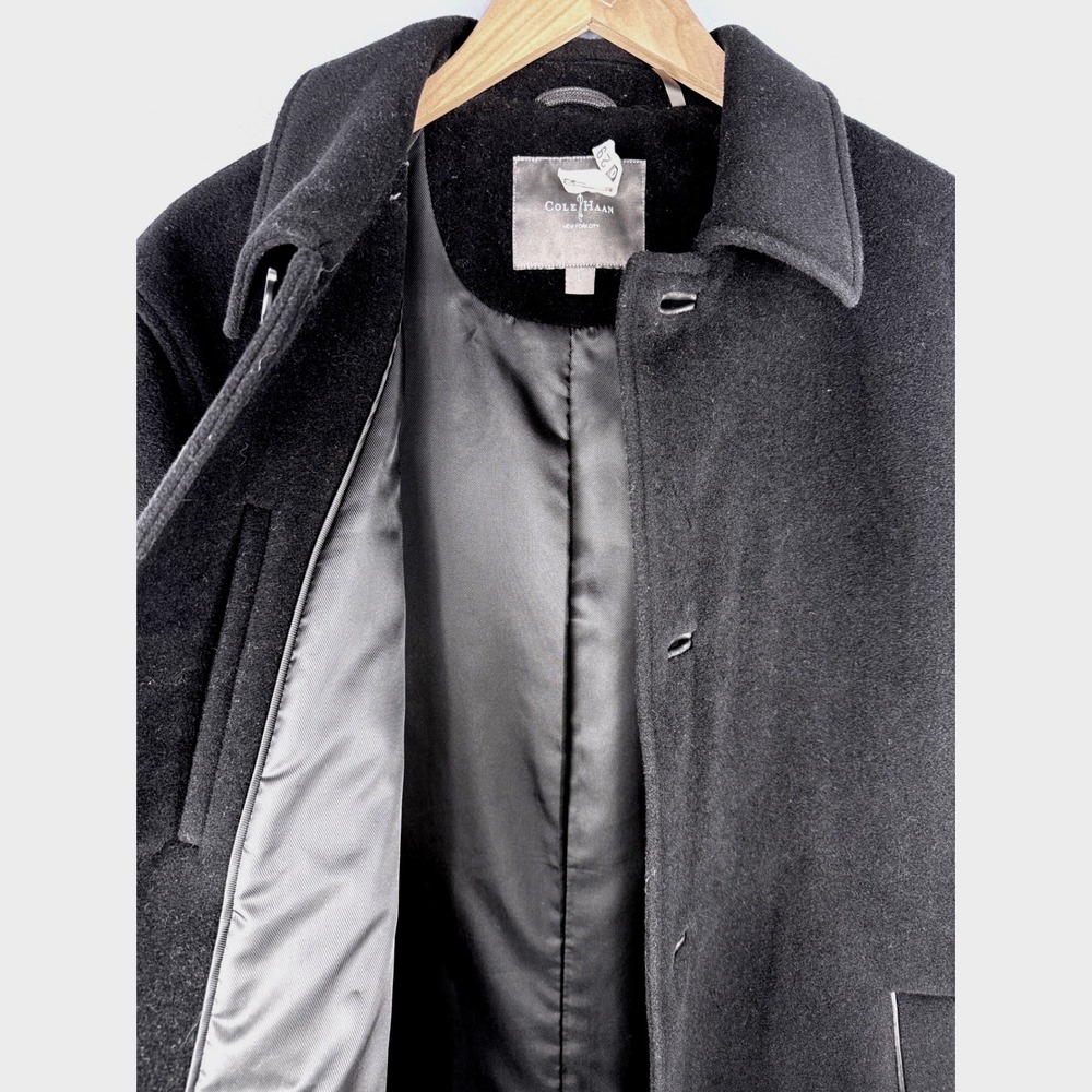 Cole Haan Mens Wool Cashmere Blend Car Coat Black‎ Lambskin Trim Size L Warm - Picture 2 of 13